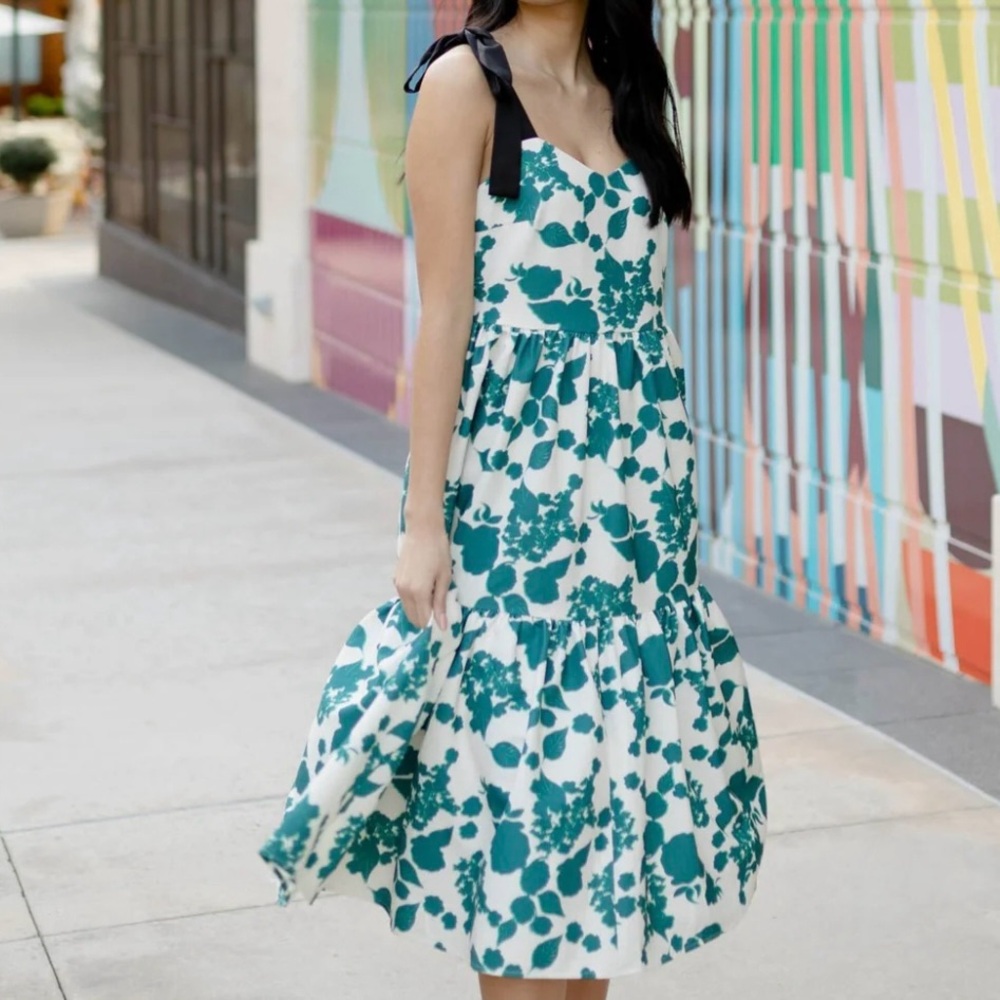 Abbey Glass Maya Tiered Midi Dress with Satin Tie Straps - XS - NWT - Fits Small